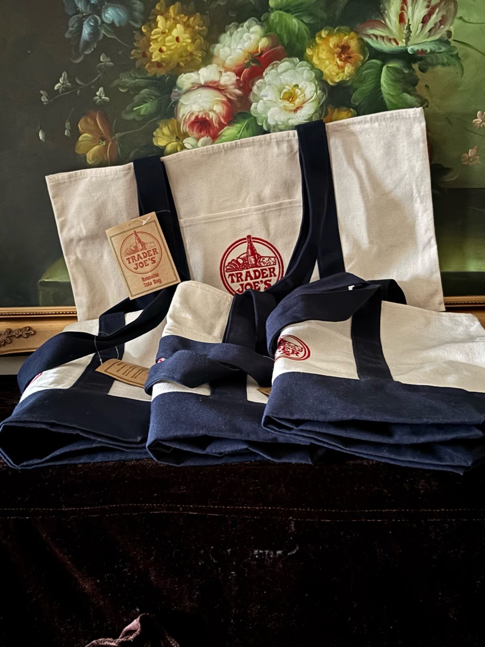 NWT 4 Trader Joe’s large Reusable Canvas Cotton Tote bag navy